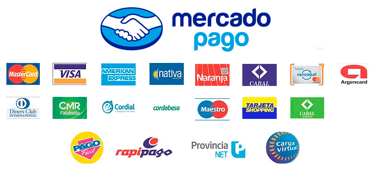Medios de pago: Mercado Pago, MasterCard, Visa, American Express, Nativa, Naranja, Cabal, Cencosud, Argencard, Diners Club, CMR Falabella, Cordial, Cordobesa, Maestro, Tarjeta Shopping, Cabal Débito, Pago Fácil, Rapipago, Provincia NET y Carga Virtual